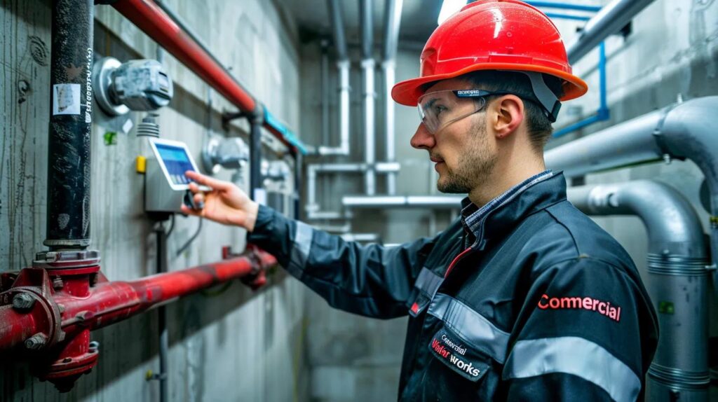 Technician in safety gear operating monitoring equipment in a commercial plumbing setting, emphasizing expert plumbing maintenance services in Oklahoma City.