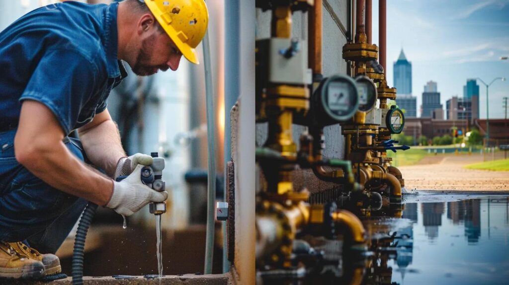 Commercial plumber testing backflow prevention device with city skyline in background, emphasizing plumbing maintenance and compliance in Oklahoma City.