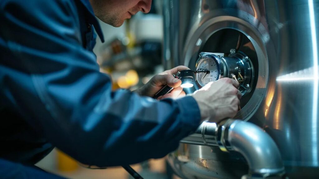 Technician inspecting a commercial water system gauge with a flashlight, highlighting maintenance for filtration and reverse osmosis systems.