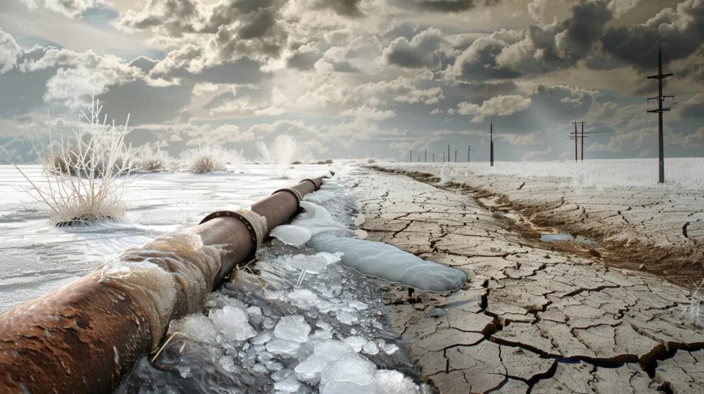 Frozen pipe in cracked, dry landscape with ice and frost, illustrating plumbing challenges in Oklahoma's climate.