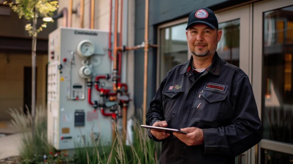 A professional, high-definition photo showing a Commercial Waterworks plumber (wearing a company uniform with logo visible) standing confidently in front of a modern Oklahoma City commercial building (like an office or restaurant). The plumber is holding a tablet showing a schematic of a complex plumbing system overlaid with a calendar, symbolizing both 24/7 readiness and preventative maintenance. The background features a subtle, stylized clock face to reinforce the emergency response theme. The lighting is crisp, suggesting competence and reliability.
