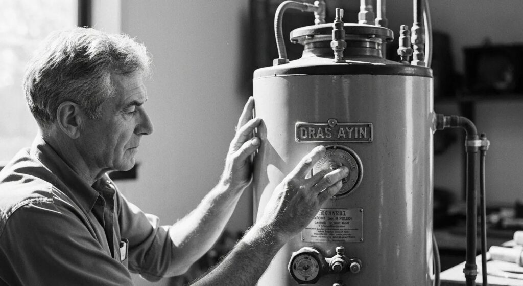 Technician adjusting settings on a commercial water heater, emphasizing maintenance and efficiency for plumbing services.
