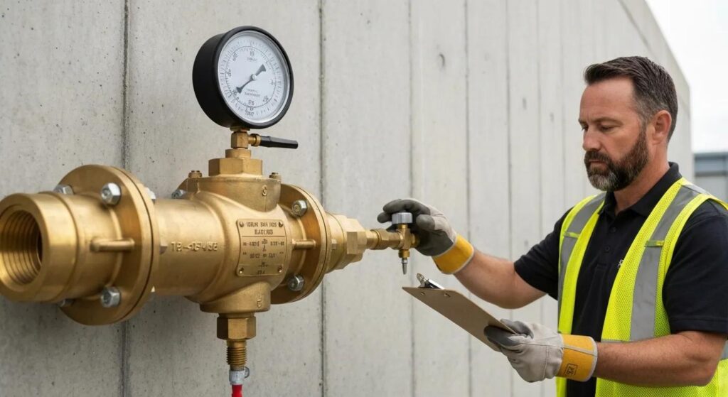 Man in safety vest inspecting a backflow prevention device with a pressure gauge, holding a clipboard, emphasizing compliance in commercial plumbing.
