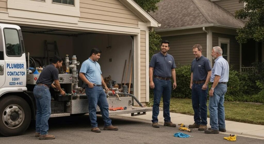 Plumbing contractors discussing equipment near service truck, emphasizing commercial plumbing services in Oklahoma City.