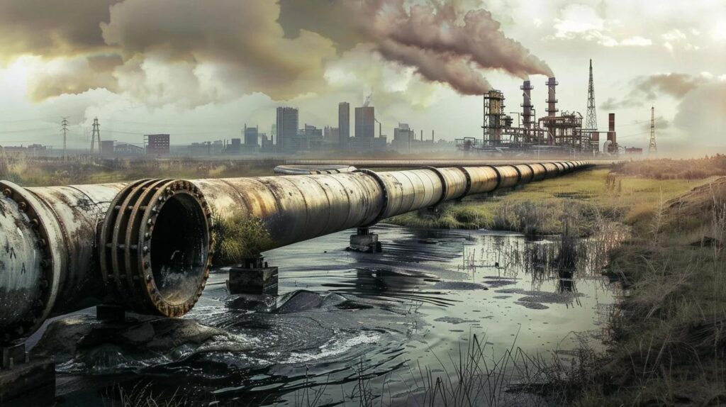 Industrial pipeline extending across a polluted landscape, with a factory emitting smoke in the background, highlighting issues related to sewer line backups and water management in commercial plumbing.