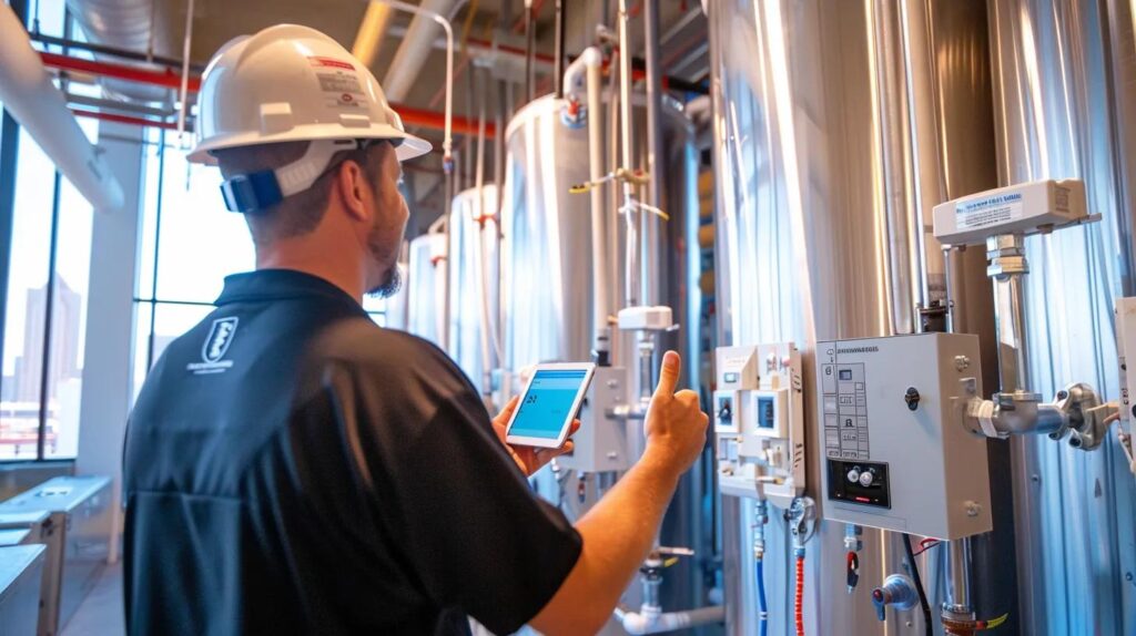 A high-angle, cinematic photograph of a clean, well-maintained commercial utility room in a modern Oklahoma City high-rise building. The room features a complex network of shiny, color-coded commercial pipes, valves, and a large water heater. In the foreground, a professional, well-dressed Commercial Waterworks plumber (wearing a company logo shirt and a hard hat) is giving a thumbs-up while holding a tablet showing a digital maintenance checklist. The Oklahoma City skyline is visible through a high window. The overall mood is professional, secure, and preventative.