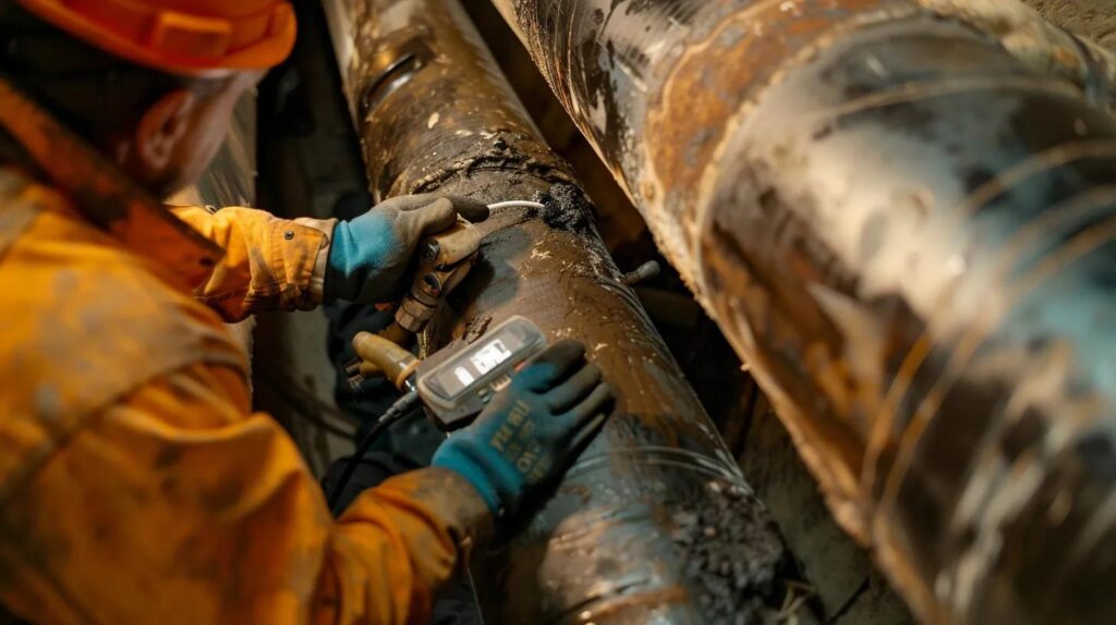 Worker inspecting commercial plumbing pipes with a handheld device, assessing water system integrity and maintenance needs.