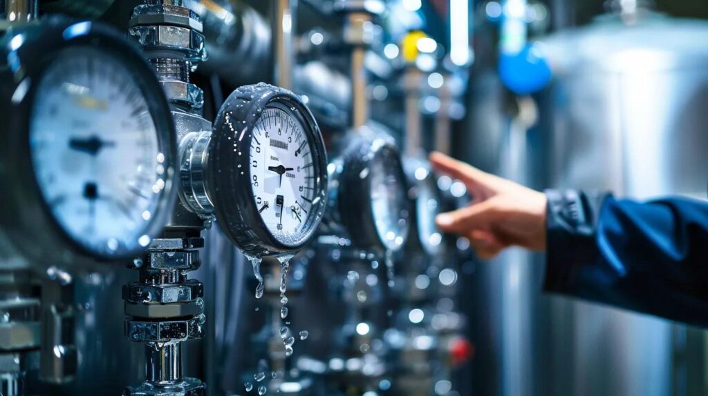 Close-up of commercial plumbing gauges with water droplets, illustrating pressure monitoring in a plumbing system, relevant to maintenance and backflow prevention in Oklahoma City.