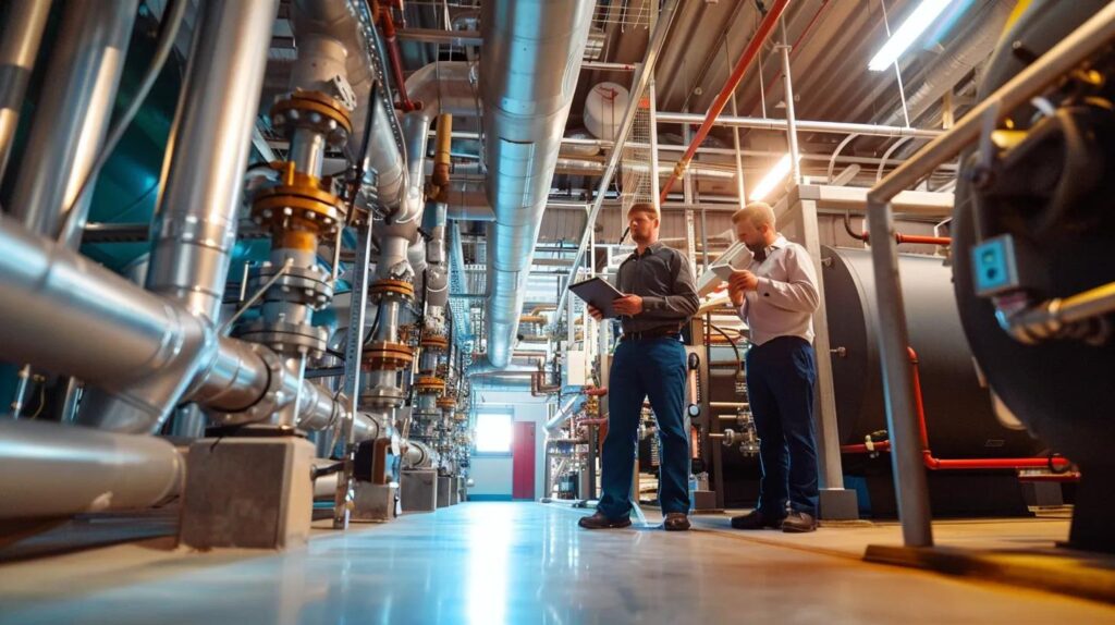 A wide-angle, highly professional, realistic image inside a modern commercial building (like a data center, office tower utility room, or hospital basement). The main focus is a complex manifold of industrial-sized water pipes, valves, and a large commercial water heater (or boiler). Two clean, professional-looking Commercial Waterworks technicians (wearing marked company shirts and protective gear) are performing a diagnostic check on the system, one pointing at a pressure gauge and the other taking notes on a tablet. The lighting is bright and clean, emphasizing professionalism and complexity. The tone is trustworthy and high-tech.