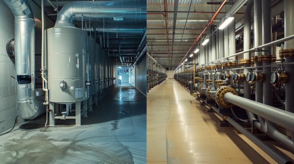Industrial plumbing infrastructure with water tanks and extensive piping systems, illustrating the complexity of commercial water systems and the importance of preventative maintenance for operational integrity.
