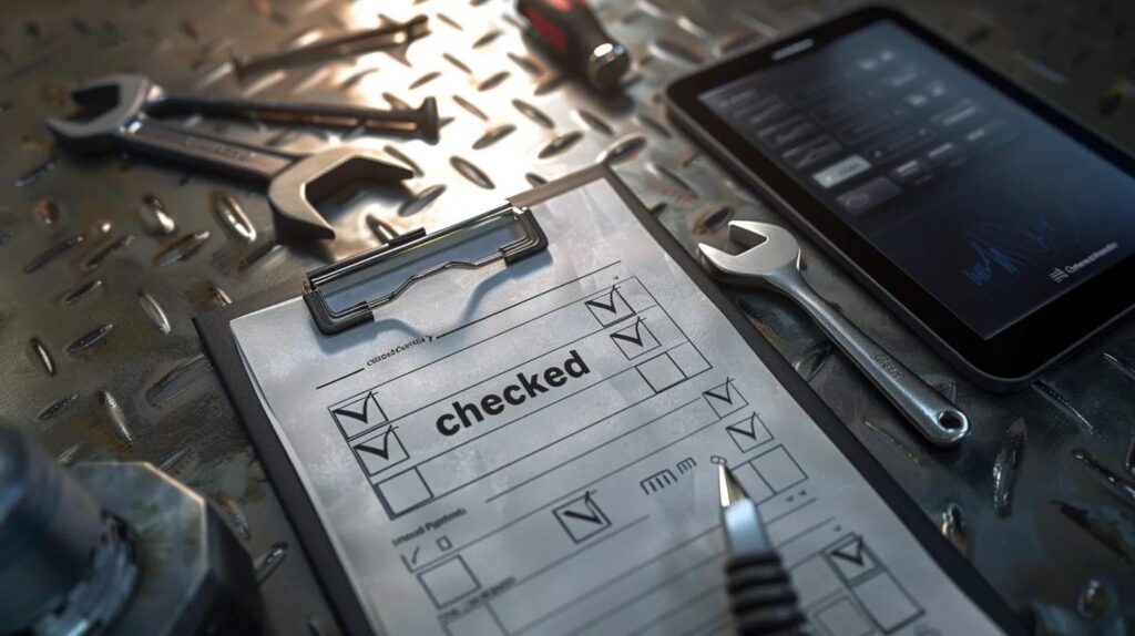 Clipboard with checklist marked "checked," surrounded by wrenches and a tablet, emphasizing commercial plumbing maintenance and inspection.