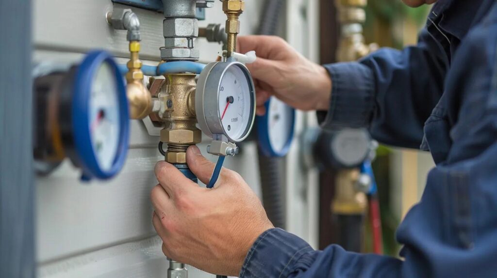 Technician inspecting water pressure gauge on plumbing system, emphasizing preventative maintenance for commercial water heaters and plumbing integrity.