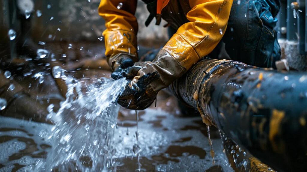 Plumber in protective gear repairing a leaking pipe, water splashing, emphasizing emergency plumbing services for commercial facilities.