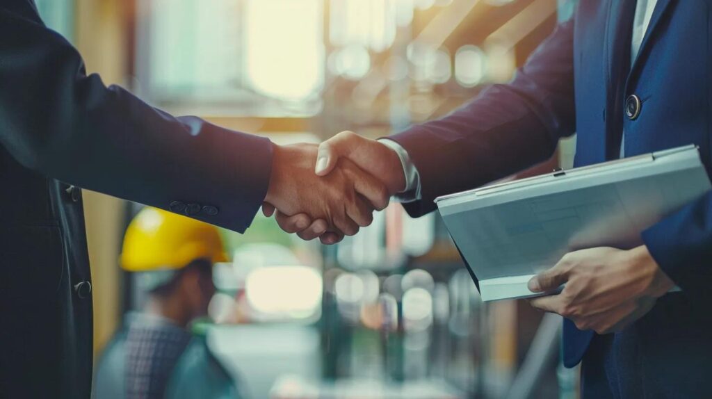 Business professionals shaking hands in a commercial setting, signifying partnership and collaboration in plumbing services.