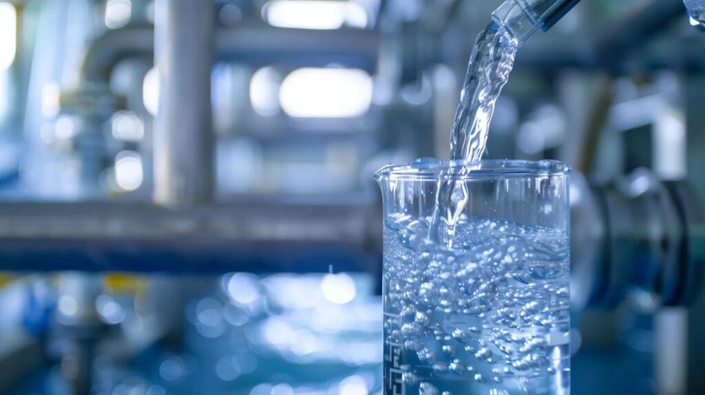 Water being poured into a beaker in a commercial reverse osmosis system, illustrating water purification and treatment processes essential for business compliance and equipment protection.