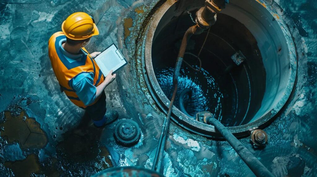 Worker in safety gear inspecting a commercial sump pump in a maintenance setting, holding a clipboard for inspection notes, emphasizing plumbing system checks and water quality management.