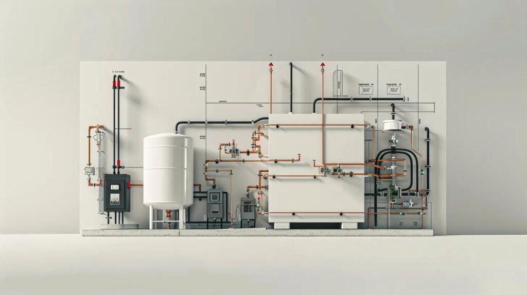 Commercial plumbing system diagram featuring a large-scale water heater, industrial piping, and backflow prevention components, illustrating critical infrastructure for Oklahoma businesses.