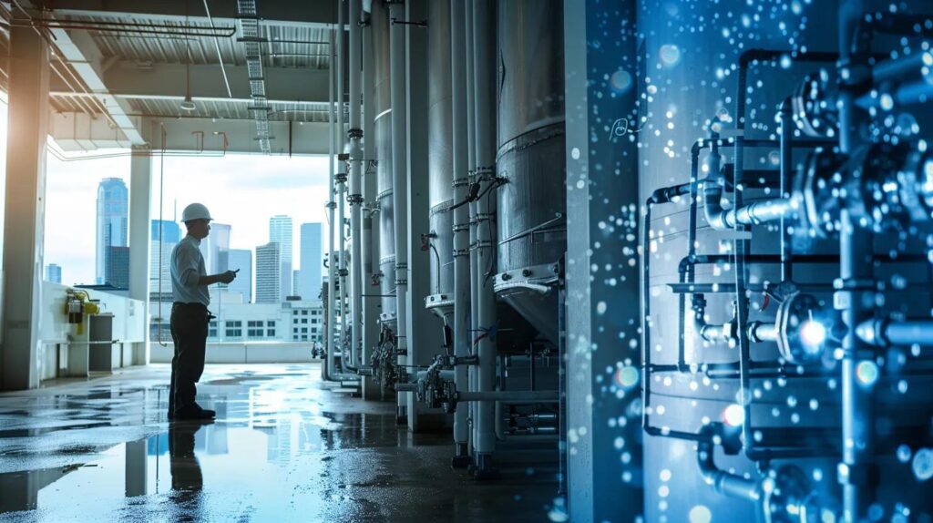 Worker in hard hat using smartphone in commercial plumbing facility with visible pipes and city skyline in background, emphasizing plumbing infrastructure and maintenance.