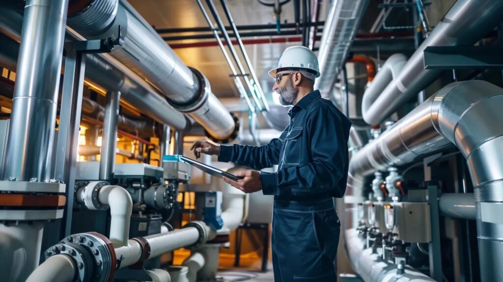 Professional plumber inspecting commercial plumbing system, using tablet in industrial setting with pipes and machinery.