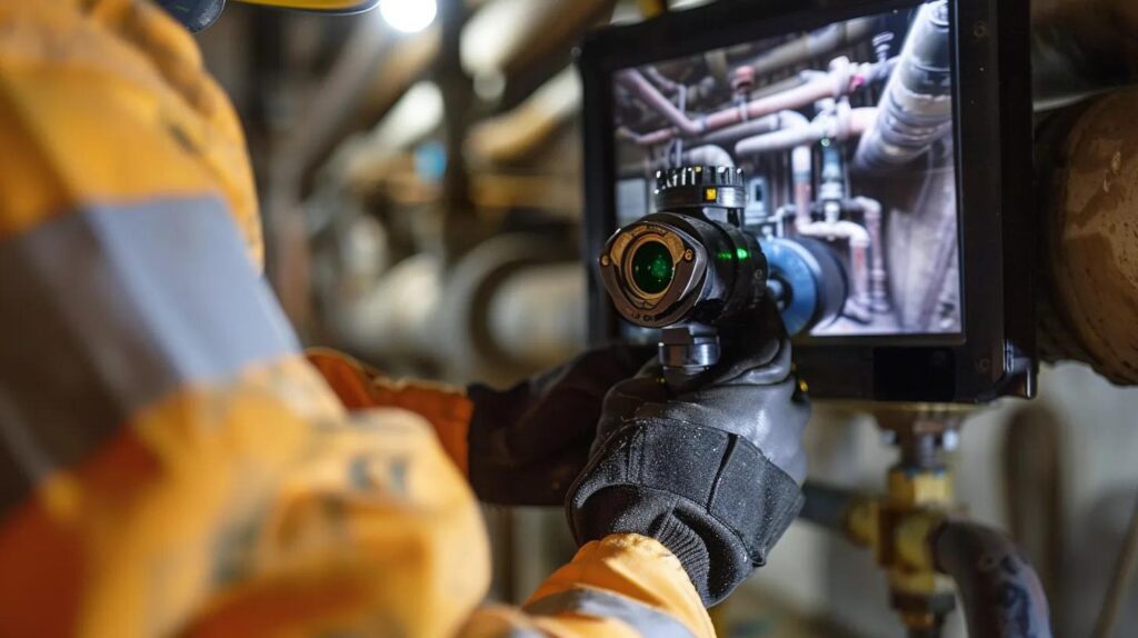Technician inspecting plumbing systems with a camera and monitor, highlighting preventative maintenance for commercial water systems in Oklahoma City.