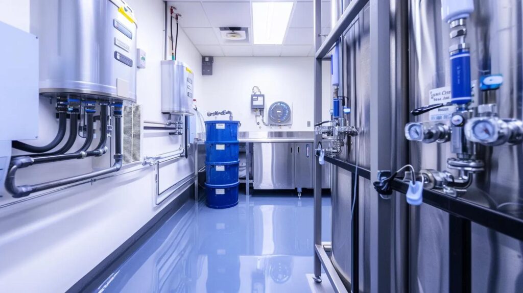 Commercial reverse osmosis system installation area with stainless steel tanks, plumbing connections, and a workbench, emphasizing preventative maintenance for hard water issues in commercial settings.