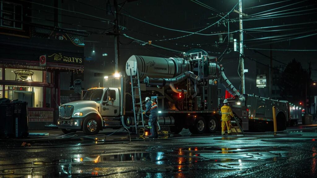 Commercial plumbing service truck with workers conducting maintenance in a rainy urban setting, highlighting emergency response capabilities and specialized equipment.