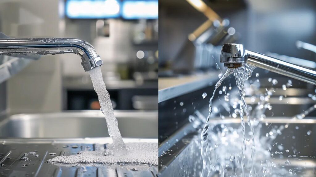 Commercial kitchen faucets dispensing water, showcasing potential plumbing issues related to sediment buildup and pressure regulation, relevant to emergency plumbing services.