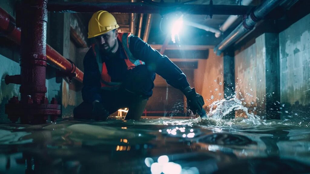Worker in safety gear examining flooded commercial plumbing system, highlighting emergency repair needs for Oklahoma City facilities.