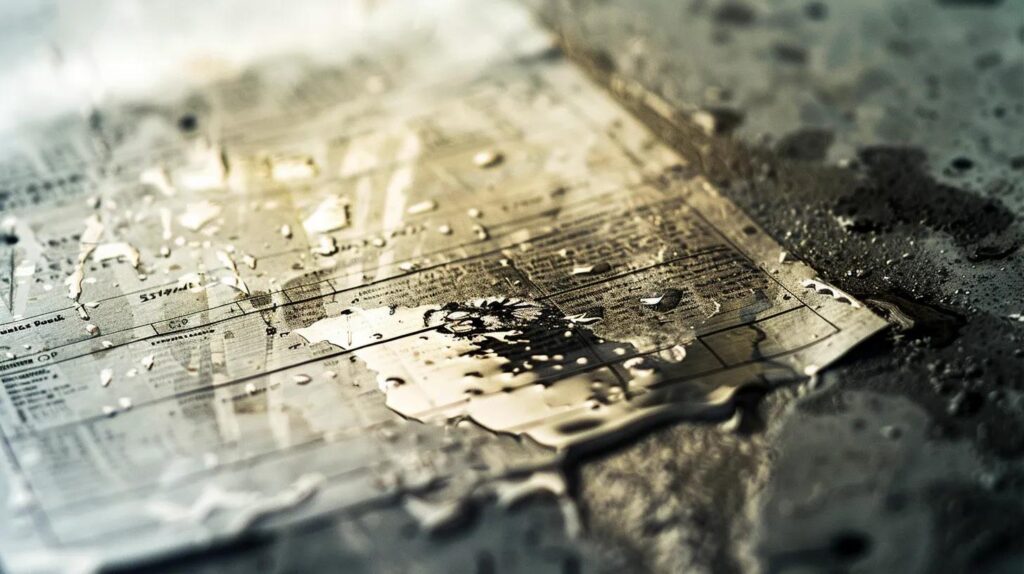Water-damaged document lying on a wet surface, illustrating potential plumbing issues and the need for emergency plumbing services.