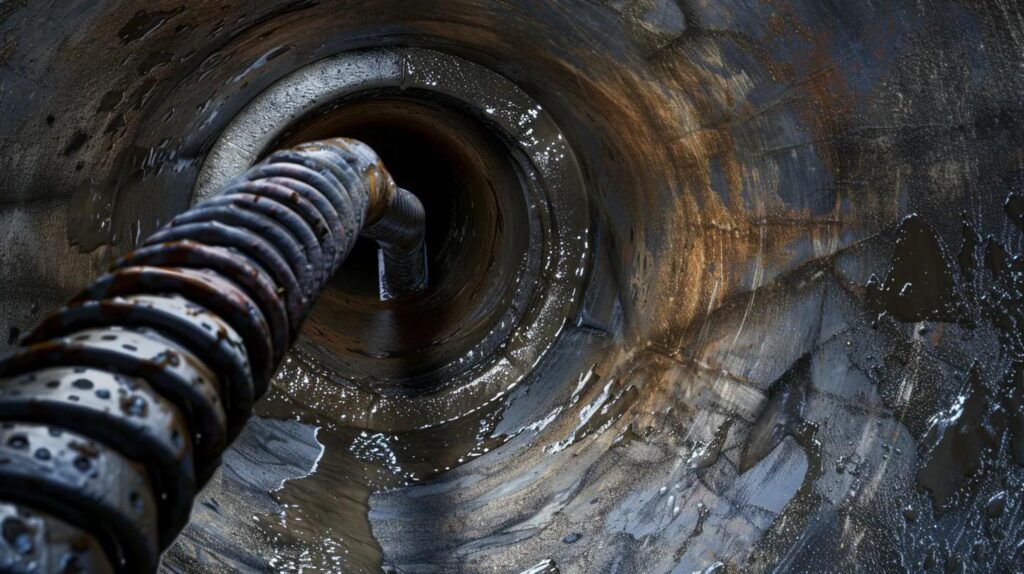 Interior view of a commercial drain pipe with a plumbing auger, showing grease buildup, water residue, and potential blockages, relevant to plumbing inspection and maintenance services.