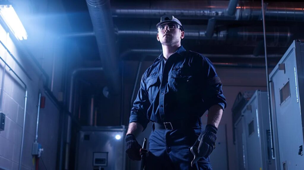 Worker in safety gear standing confidently in a commercial plumbing facility, emphasizing expertise and readiness for emergency services.