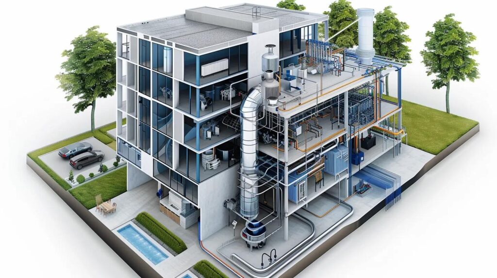 Commercial building with intricate plumbing and drainage systems, showcasing industrial equipment and infrastructure essential for effective commercial plumbing services.