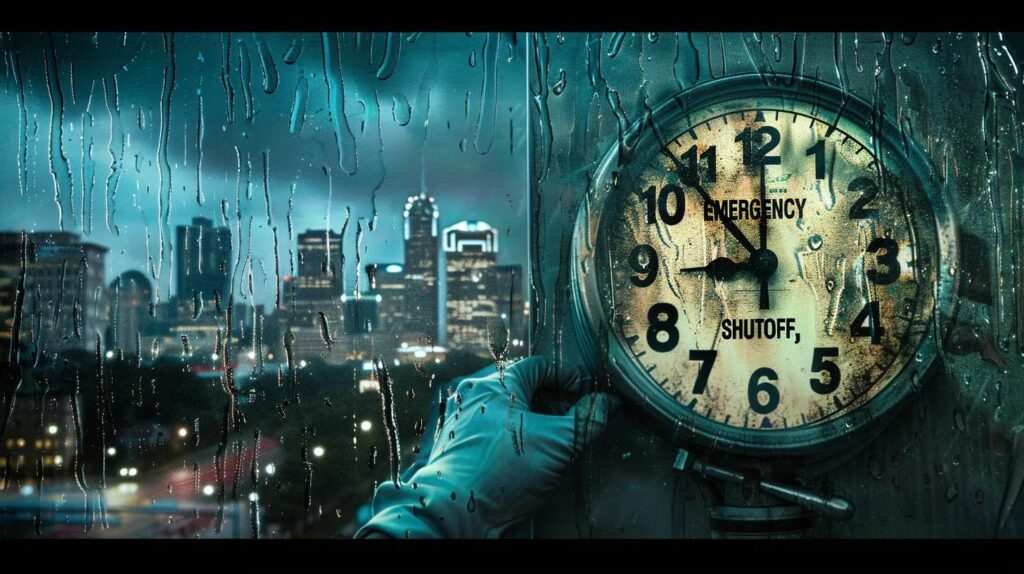 Emergency shutoff clock with gloved hand, rain-soaked window, and city skyline in the background, symbolizing urgent plumbing response for commercial businesses.
