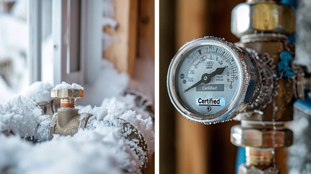 Snow-covered valve and pressure gauge on a commercial plumbing system, illustrating potential winter-related issues affecting water heater efficiency and maintenance needs.