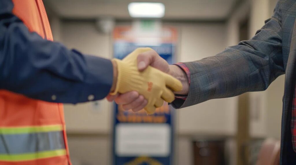 Handshake between a technician in safety gear and a business professional, symbolizing trust and partnership in commercial plumbing services in Oklahoma City.