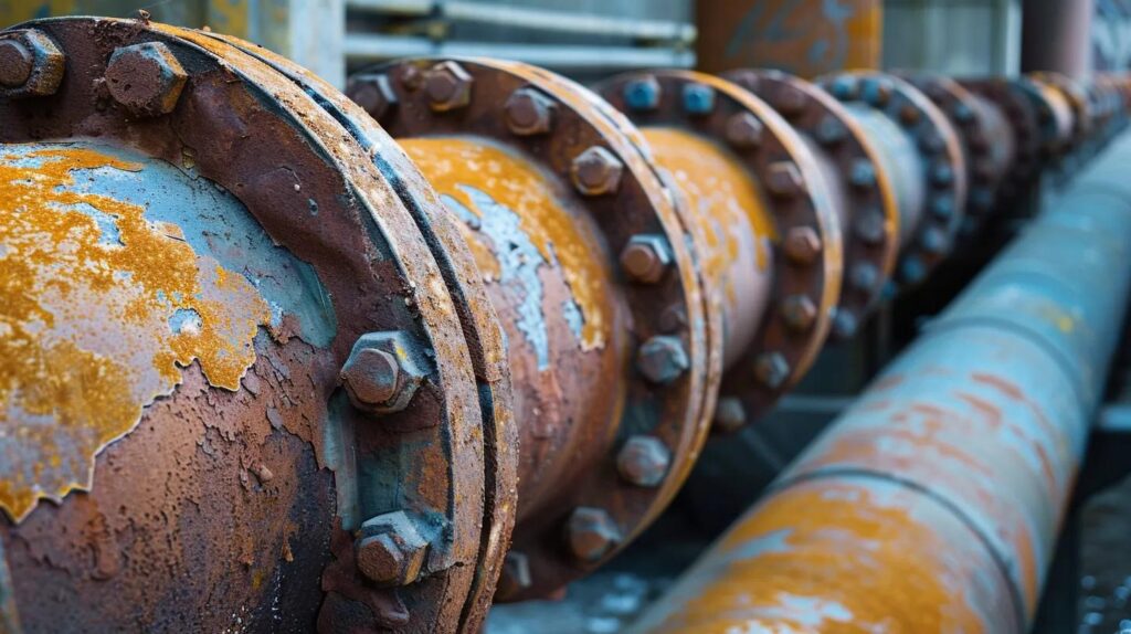 Corroded industrial pipes with rust and mineral buildup, illustrating potential causes of low water pressure in commercial plumbing systems.