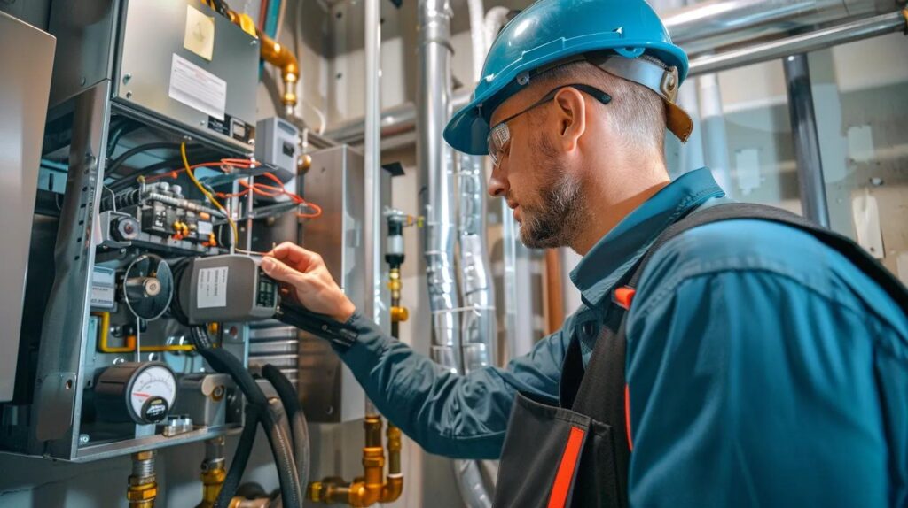 Technician inspecting commercial plumbing system, focusing on high-efficiency tankless water heater installation and maintenance in Oklahoma City.