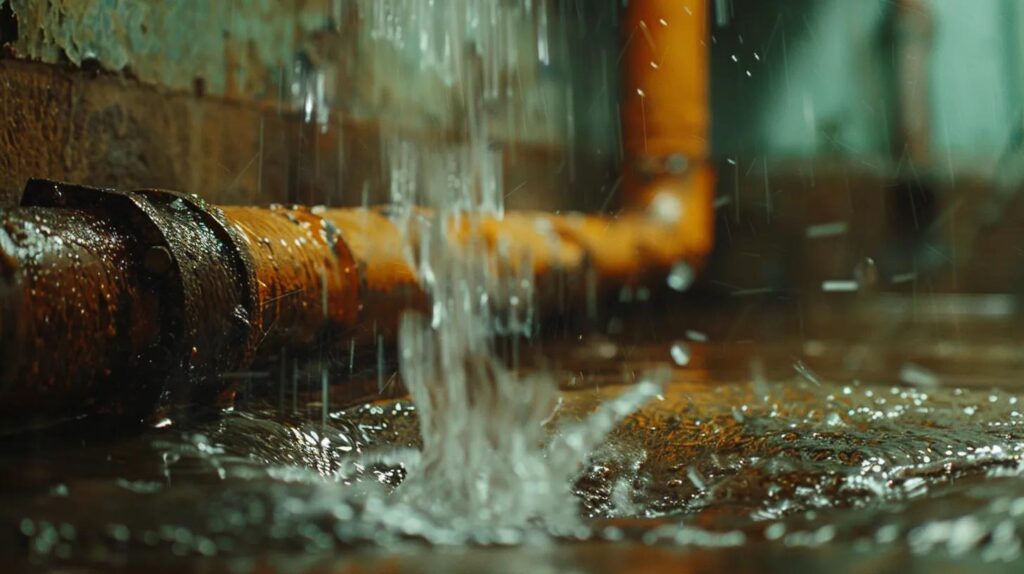 Burst pipe leaking water onto the floor, highlighting potential water damage and plumbing emergency in a commercial setting.