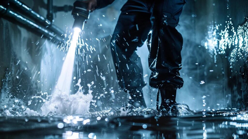 Person in waterproof gear using a flashlight to inspect a flooded area, highlighting emergency plumbing response in a commercial setting.