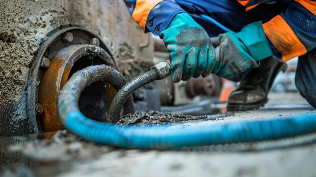 Technician using a plumbing snake to clear a clogged drain in a commercial setting, surrounded by debris and water, highlighting advanced drain clearing techniques.