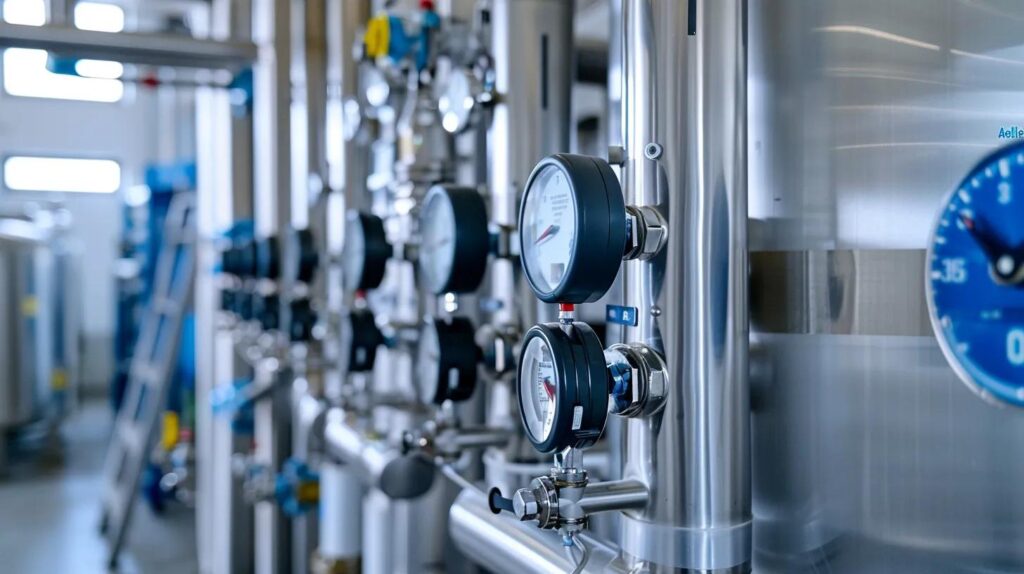 Industrial reverse osmosis water filtration system with pressure gauges, showcasing commercial plumbing solutions for Oklahoma City businesses.