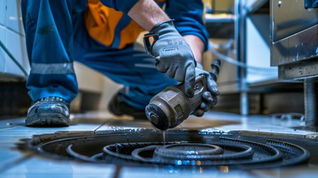 Plumber using a commercial plumbing snake to clear a drain in a restaurant kitchen, emphasizing the importance of professional plumbing services for maintaining clear sewer lines.