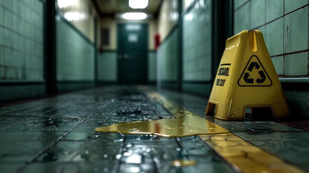 Wet floor with caution sign in a commercial hallway, indicating potential plumbing issues and the need for professional maintenance.