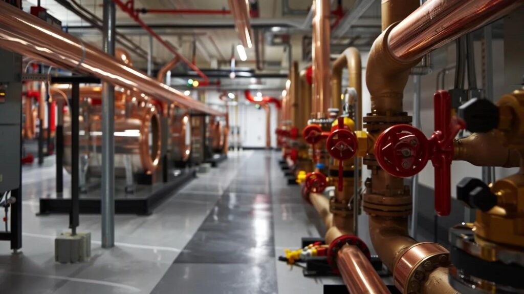 Commercial plumbing infrastructure featuring copper pipes, valves, and fittings in a well-lit facility, emphasizing the complexity and scale of commercial plumbing systems.