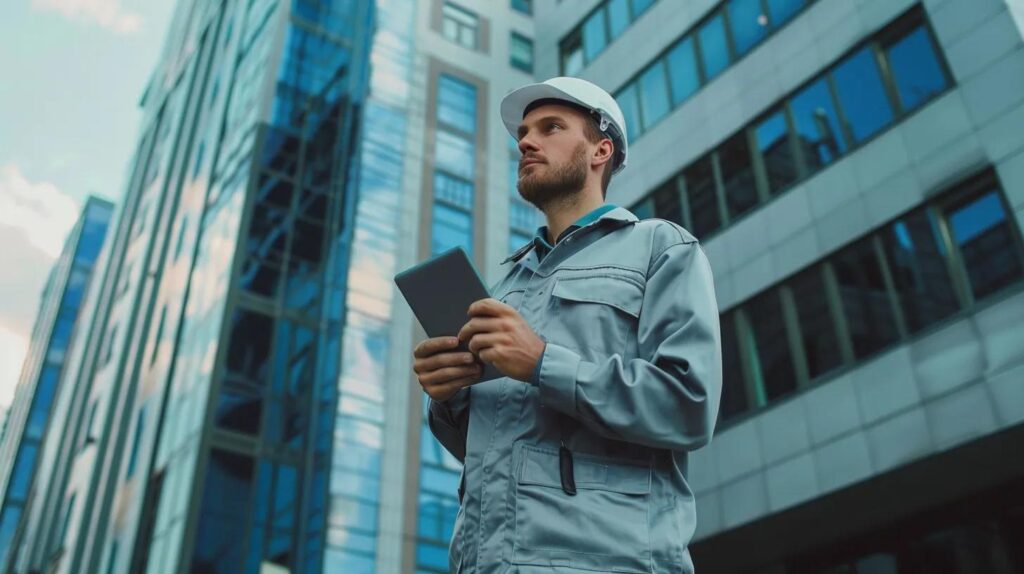 Man in a gray work uniform and hard hat holding a tablet in front of modern commercial buildings, representing professional plumbing services in Oklahoma City.