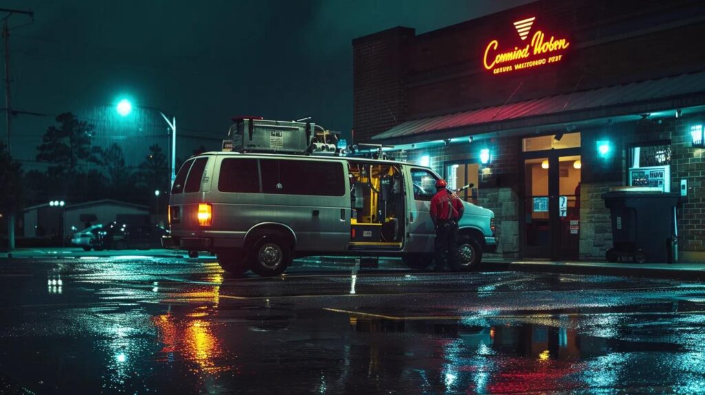 Silver plumbing van parked outside a commercial building at night, illuminated by streetlights and rain reflections, with a technician in red uniform preparing for service.