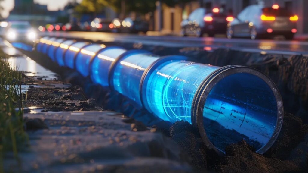Trenchless pipe repair technology showcased with illuminated blue pipe in excavation, emphasizing modern commercial plumbing solutions for minimal disruption in Oklahoma City.