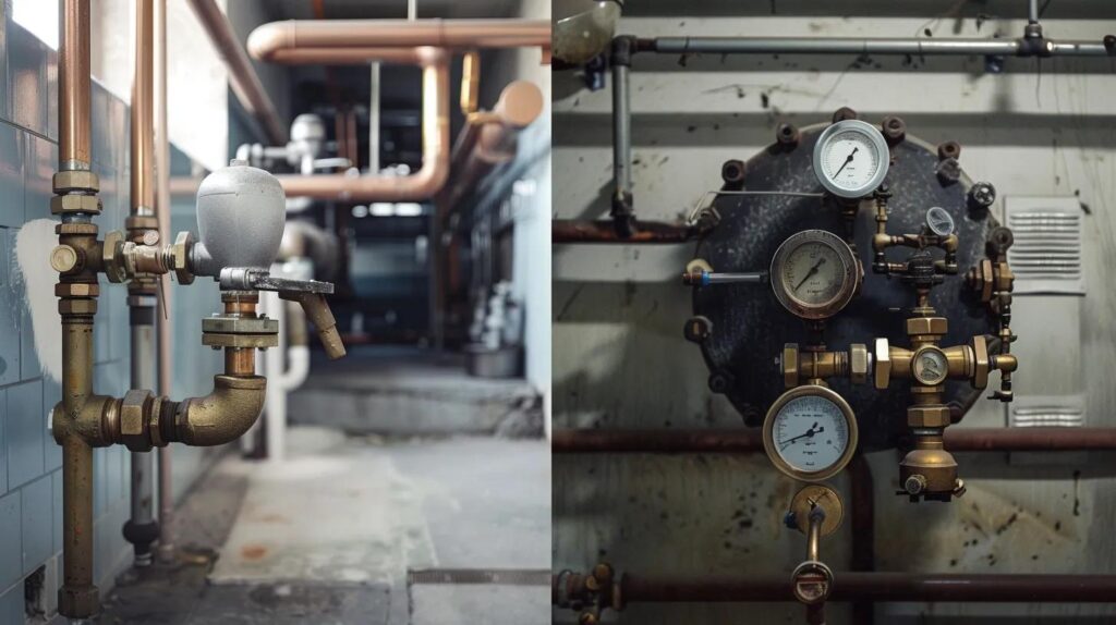 Commercial plumbing system components, including valves and pressure gauges, illustrating complex installation in a commercial setting, relevant to plumbing challenges in Oklahoma City.