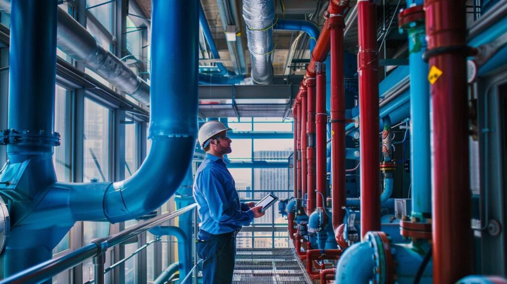 Man inspecting commercial plumbing system with blue and red pipes in modern facility, emphasizing water system installation in Oklahoma City.