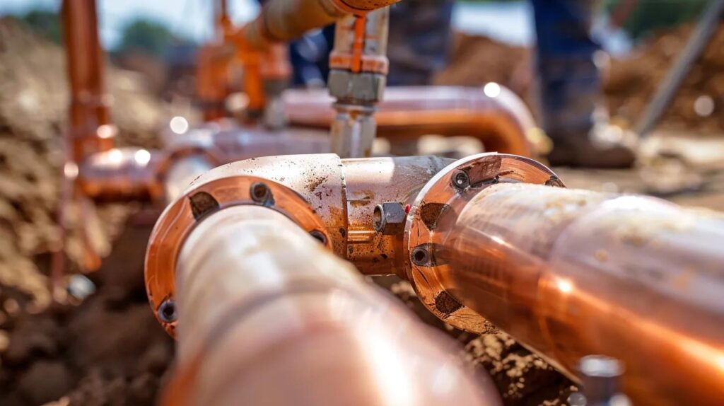 Copper plumbing pipes installed in a trench, showcasing high-grade materials for commercial water system installations in Oklahoma City.